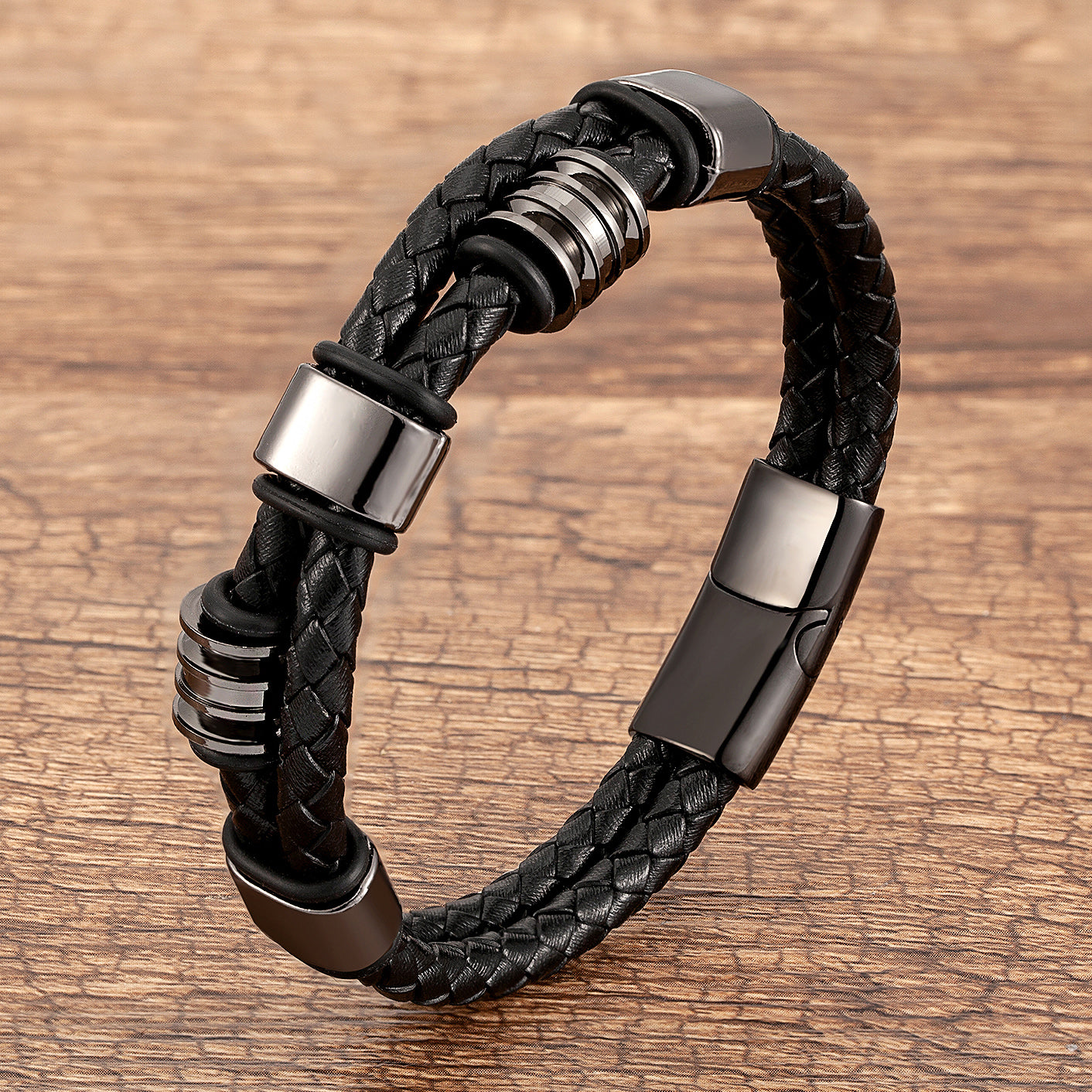 Geometric Punk Bangle Bracelet For Adults Featuring Multicolor Beading And Leather Rope Chain In 304 Stainless Steel