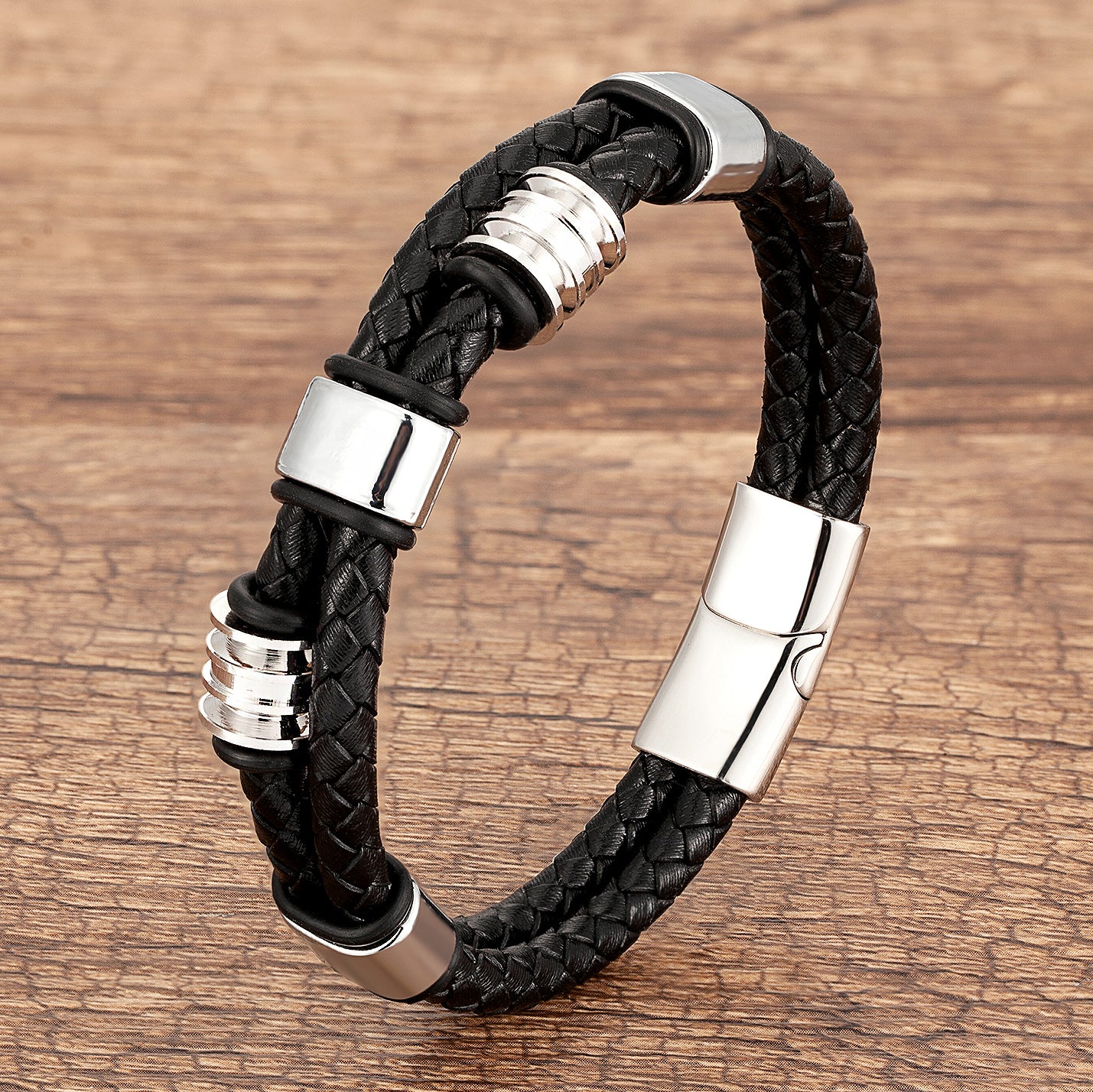 Geometric Punk Bangle Bracelet For Adults Featuring Multicolor Beading And Leather Rope Chain In 304 Stainless Steel