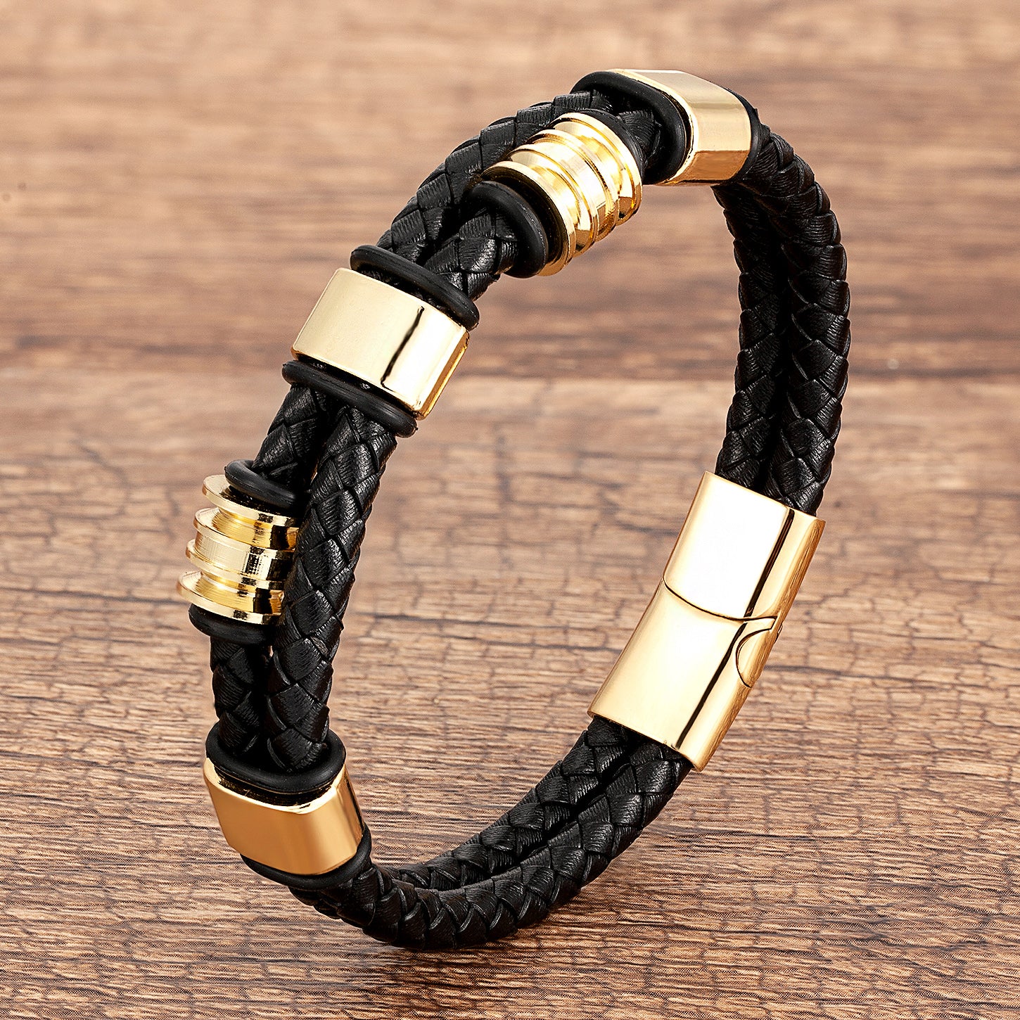 Geometric Punk Bangle Bracelet For Adults Featuring Multicolor Beading And Leather Rope Chain In 304 Stainless Steel