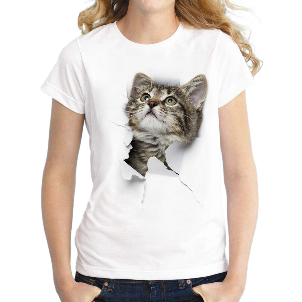 Elegant Cat T-shirt With Short Sleeve In Cotton Blends Featuring Printing Technique