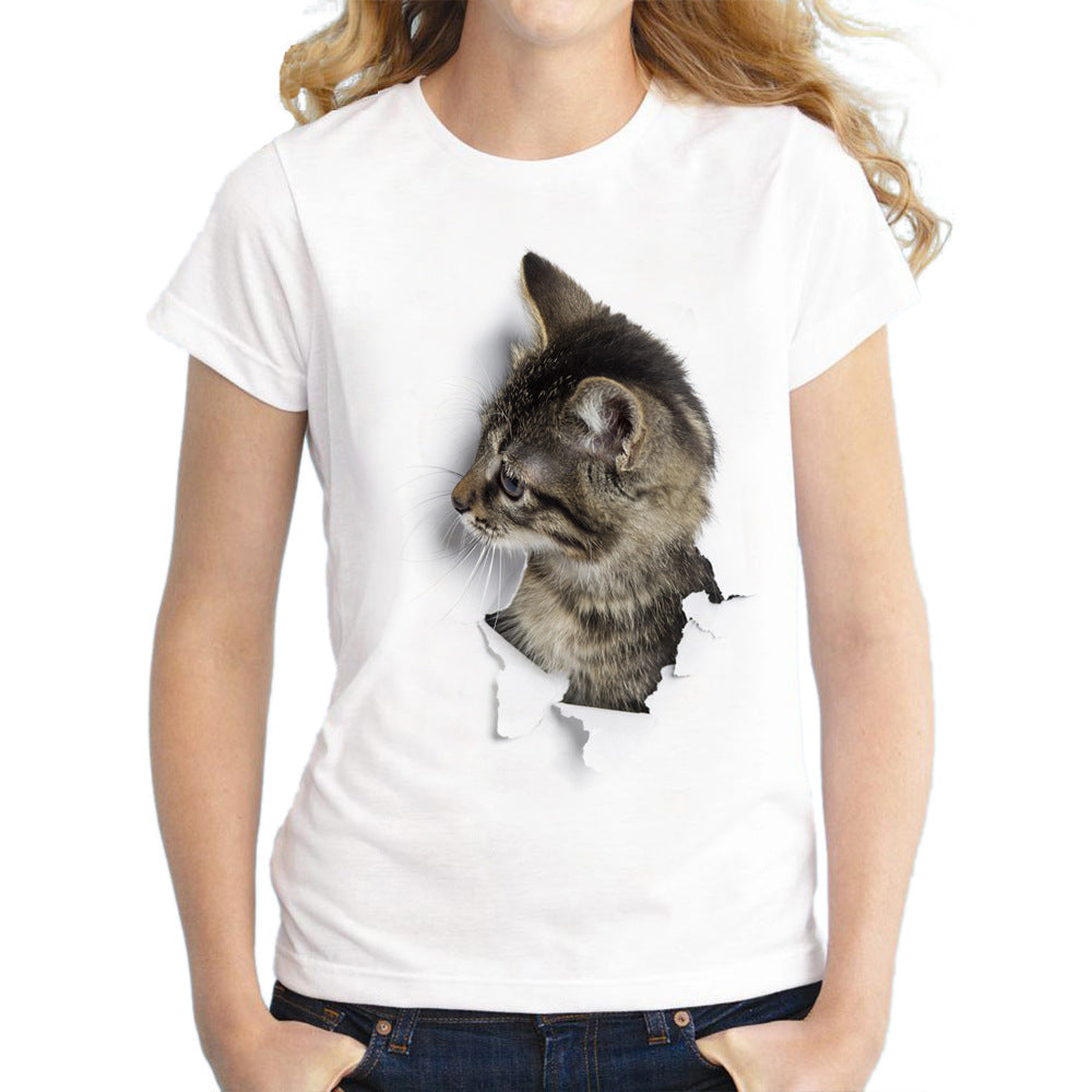 Elegant Cat T-shirt With Short Sleeve In Cotton Blends Featuring Printing Technique