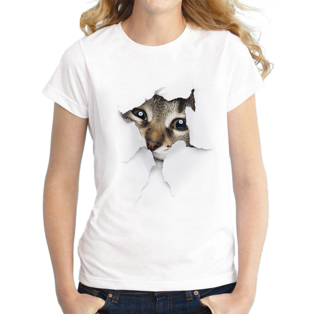 Elegant Cat T-shirt With Short Sleeve In Cotton Blends Featuring Printing Technique