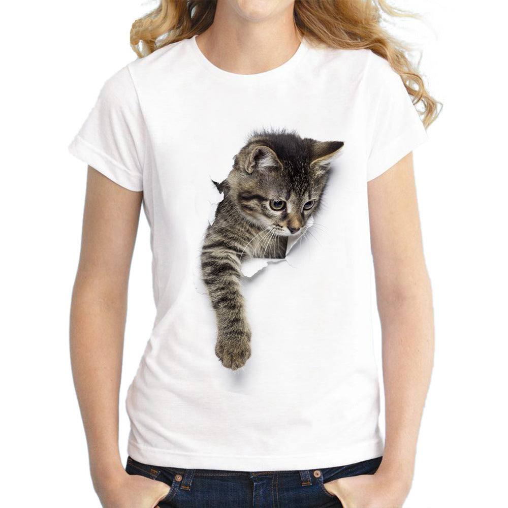 Elegant Cat T-shirt With Short Sleeve In Cotton Blends Featuring Printing Technique