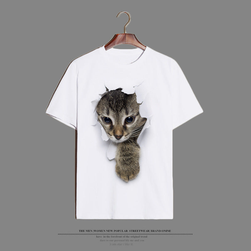 Elegant Cat T-shirt With Short Sleeve In Cotton Blends Featuring Printing Technique