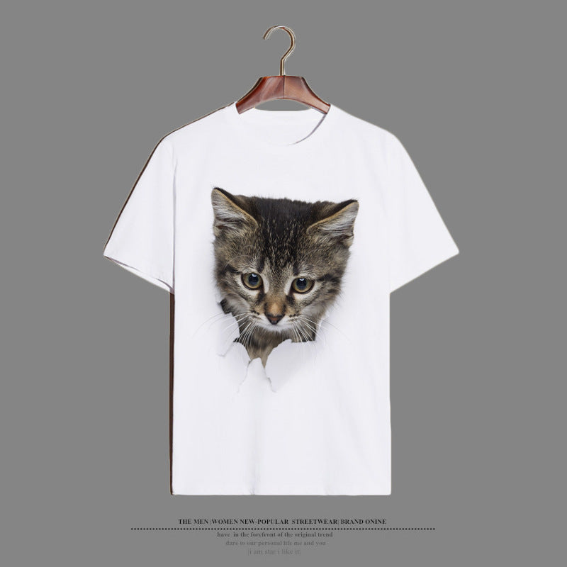 Elegant Cat T-shirt With Short Sleeve In Cotton Blends Featuring Printing Technique