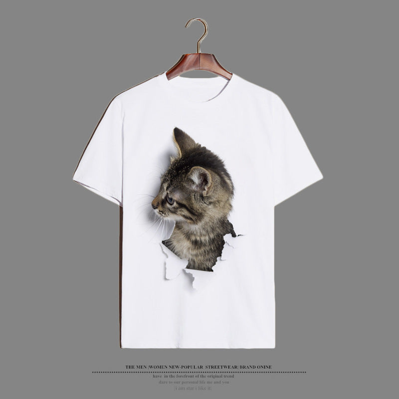Elegant Cat T-shirt With Short Sleeve In Cotton Blends Featuring Printing Technique