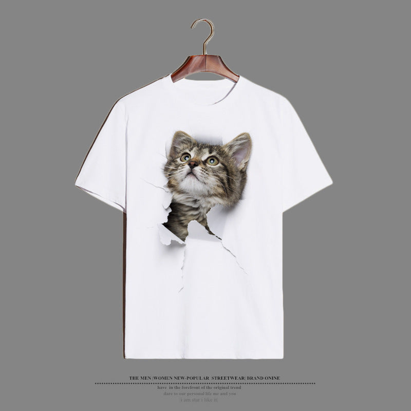 Elegant Cat T-shirt With Short Sleeve In Cotton Blends Featuring Printing Technique