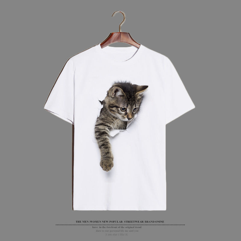 Elegant Cat T-shirt With Short Sleeve In Cotton Blends Featuring Printing Technique