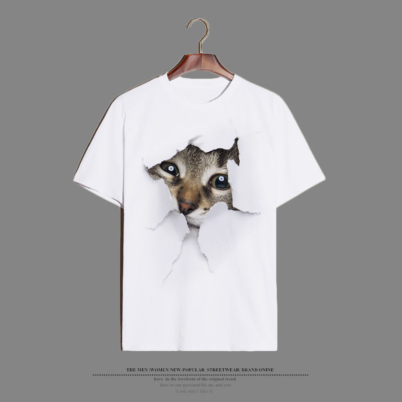 Elegant Cat T-shirt With Short Sleeve In Cotton Blends Featuring Printing Technique