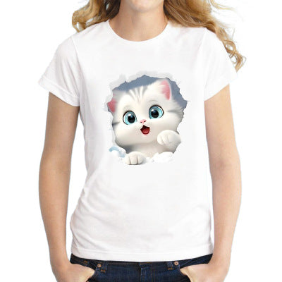 Elegant Cat T-shirt With Short Sleeve In Cotton Blends Featuring Printing Technique