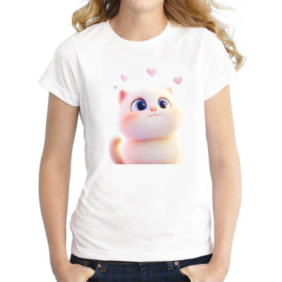 Elegant Cat T-shirt With Short Sleeve In Cotton Blends Featuring Printing Technique