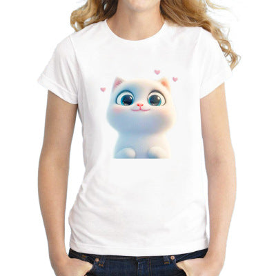 Elegant Cat T-shirt With Short Sleeve In Cotton Blends Featuring Printing Technique