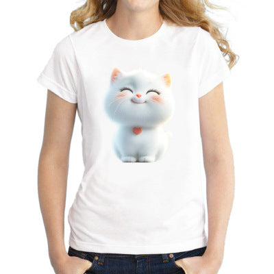 Elegant Cat T-shirt With Short Sleeve In Cotton Blends Featuring Printing Technique