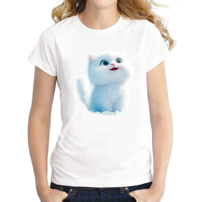 Elegant Cat T-shirt With Short Sleeve In Cotton Blends Featuring Printing Technique