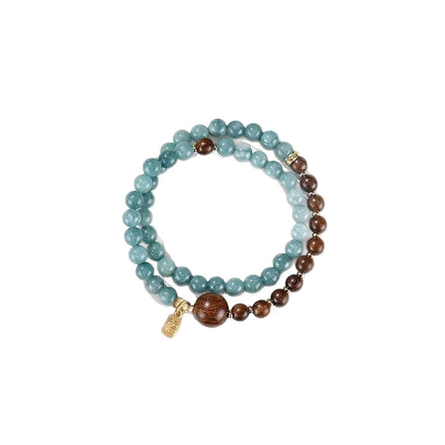 Ethnic Style Double Ring Beaded Bracelet In Blue Wood With Chalcedony Inlay For Unisex