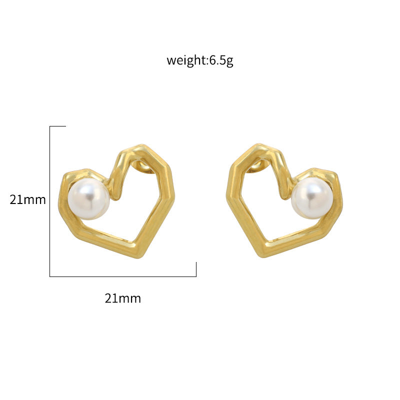 Heart Shape Earrings For Women, 304 Stainless Steel With 18K Gold Plated PVD Coating And Artificial Pearl Inlay