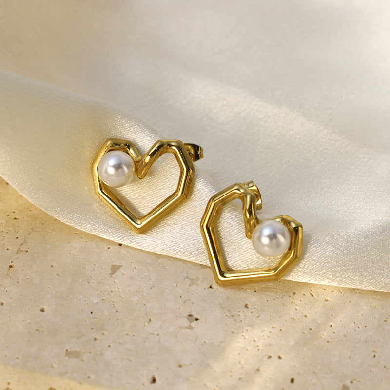 Heart Shape Earrings For Women, 304 Stainless Steel With 18K Gold Plated PVD Coating And Artificial Pearl Inlay