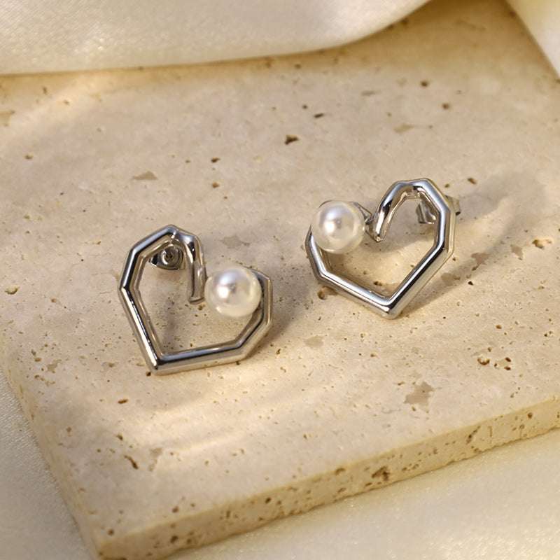 Heart Shape Earrings For Women, 304 Stainless Steel With 18K Gold Plated PVD Coating And Artificial Pearl Inlay