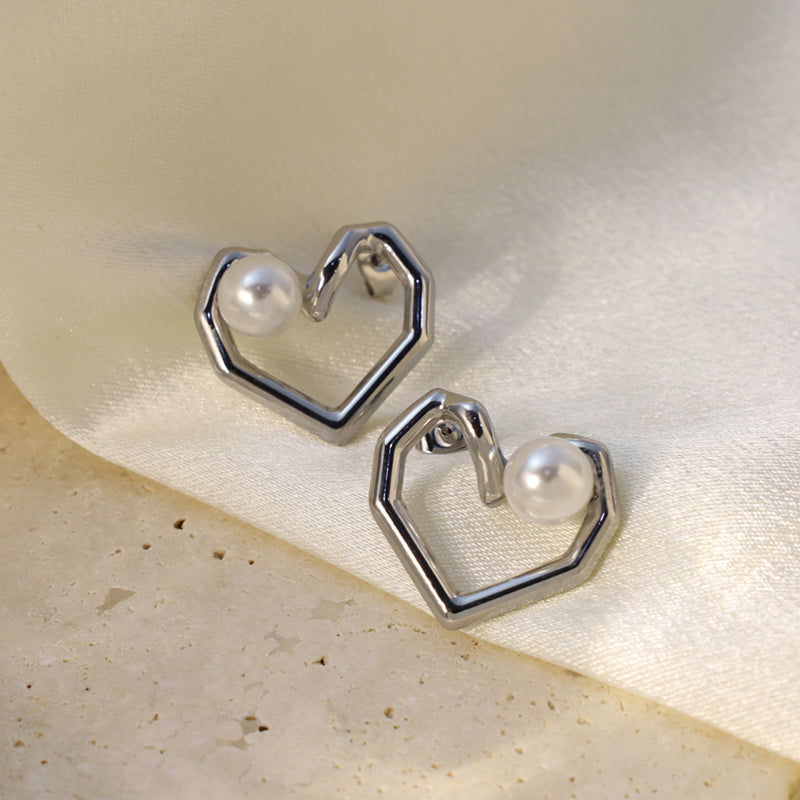 Heart Shape Earrings For Women, 304 Stainless Steel With 18K Gold Plated PVD Coating And Artificial Pearl Inlay