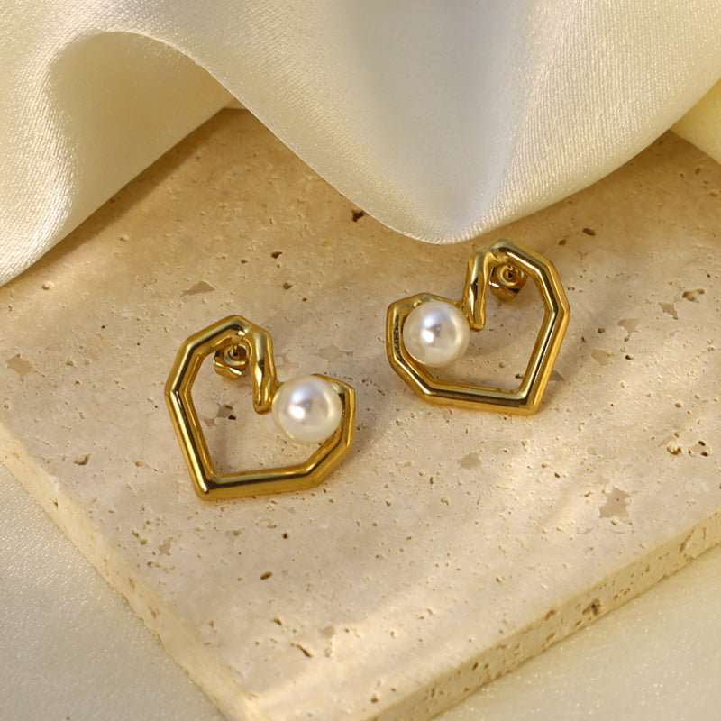 Heart Shape Earrings For Women, 304 Stainless Steel With 18K Gold Plated PVD Coating And Artificial Pearl Inlay