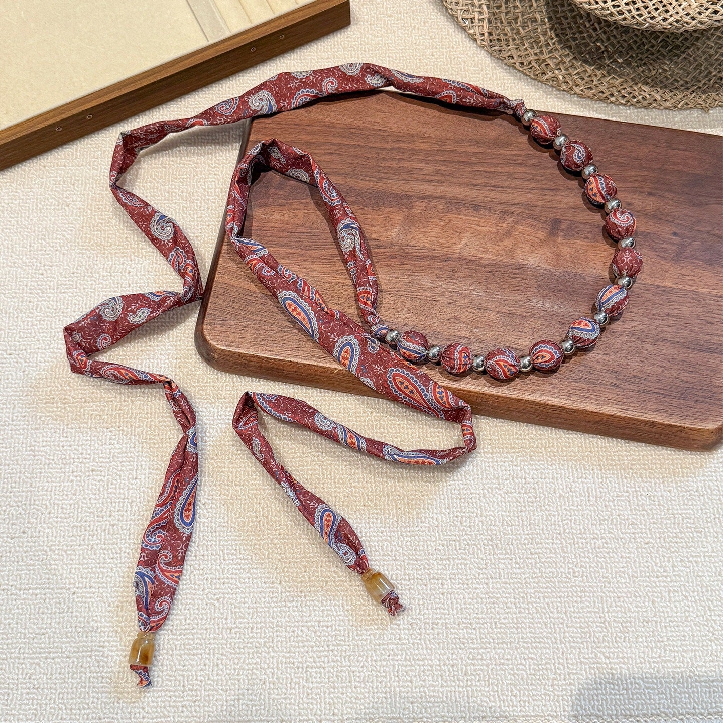 French Style Women’s Silk Scarf With Beading Featuring Cashew Nuts Pattern In Multicolor For Spring