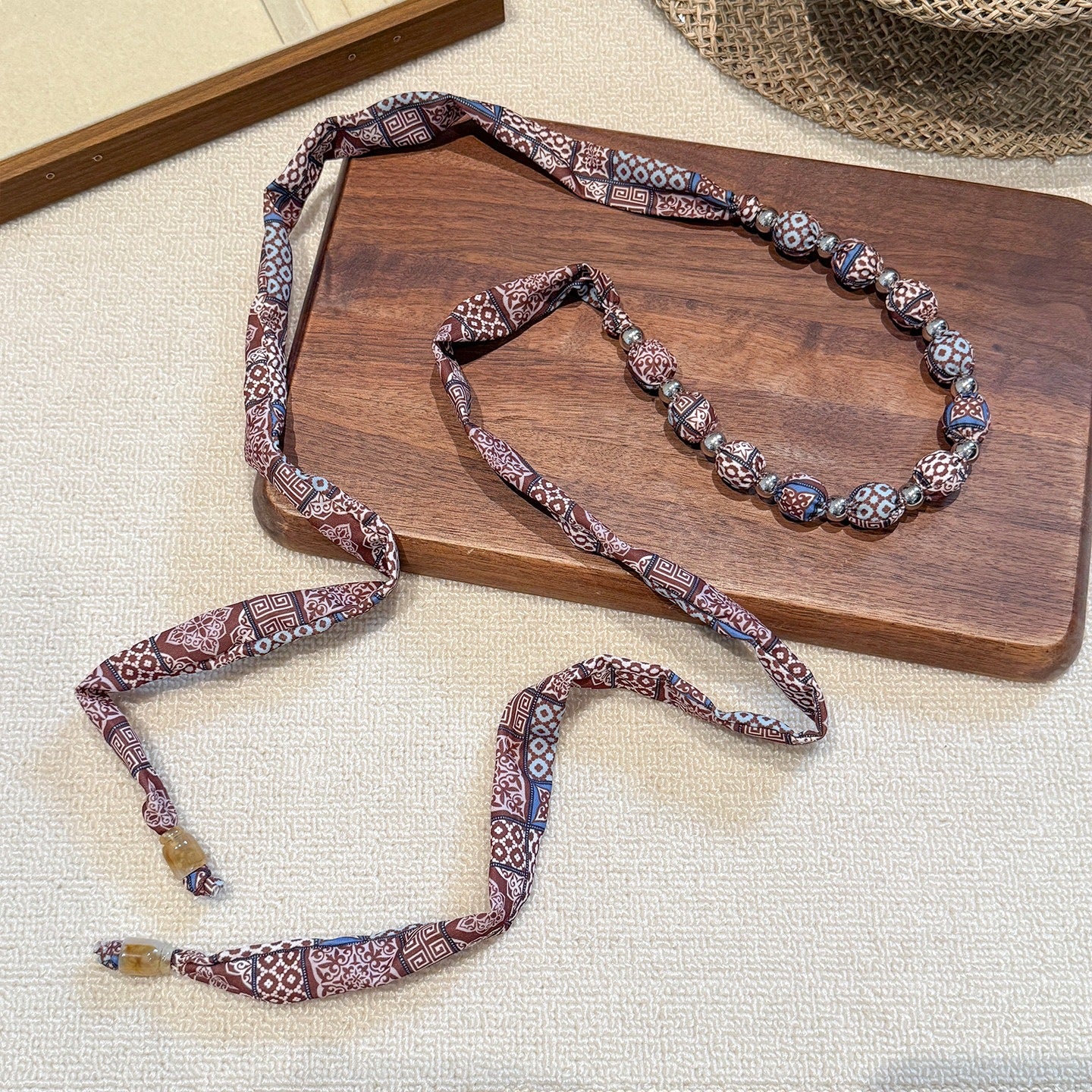 French Style Women’s Silk Scarf With Beading Featuring Cashew Nuts Pattern In Multicolor For Spring