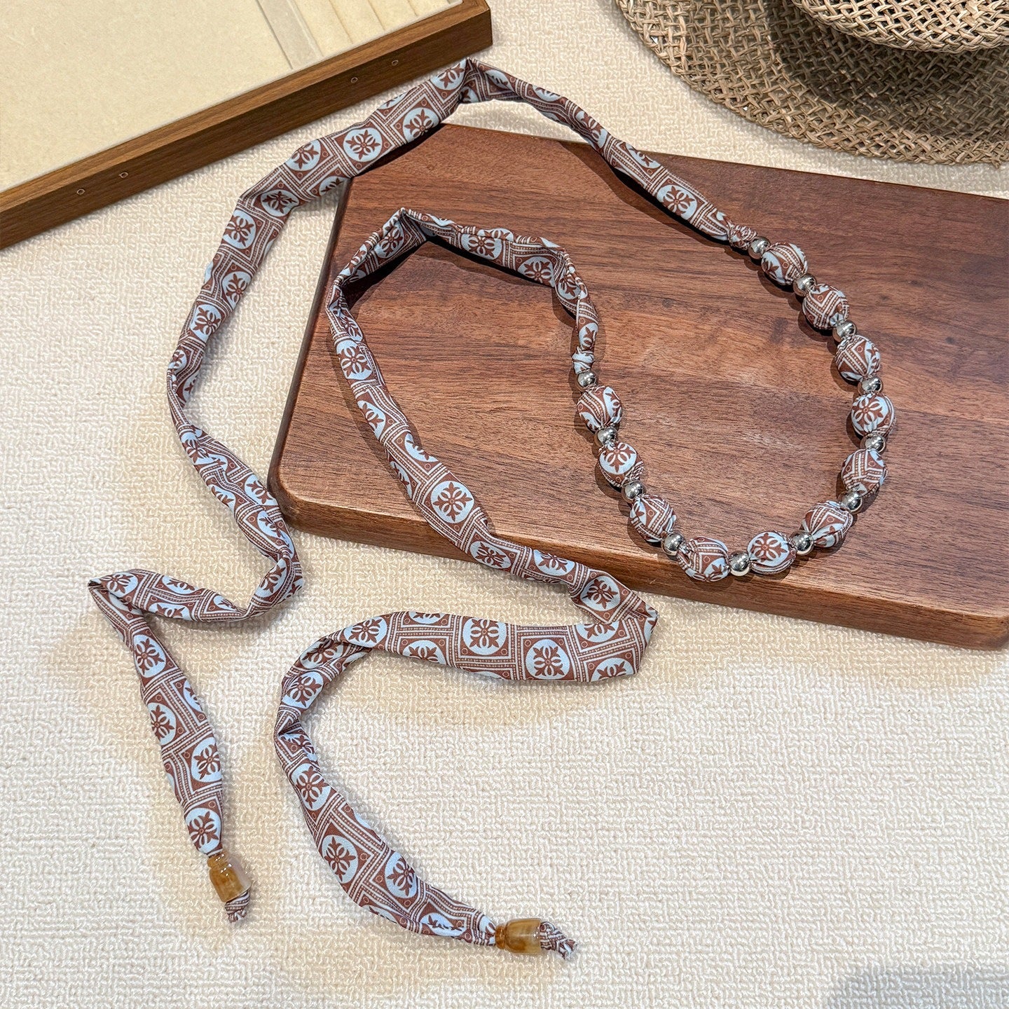 French Style Women’s Silk Scarf With Beading Featuring Cashew Nuts Pattern In Multicolor For Spring
