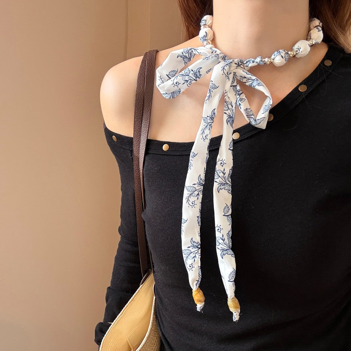 French Style Women’s Silk Scarf With Beading Featuring Cashew Nuts Pattern In Multicolor For Spring