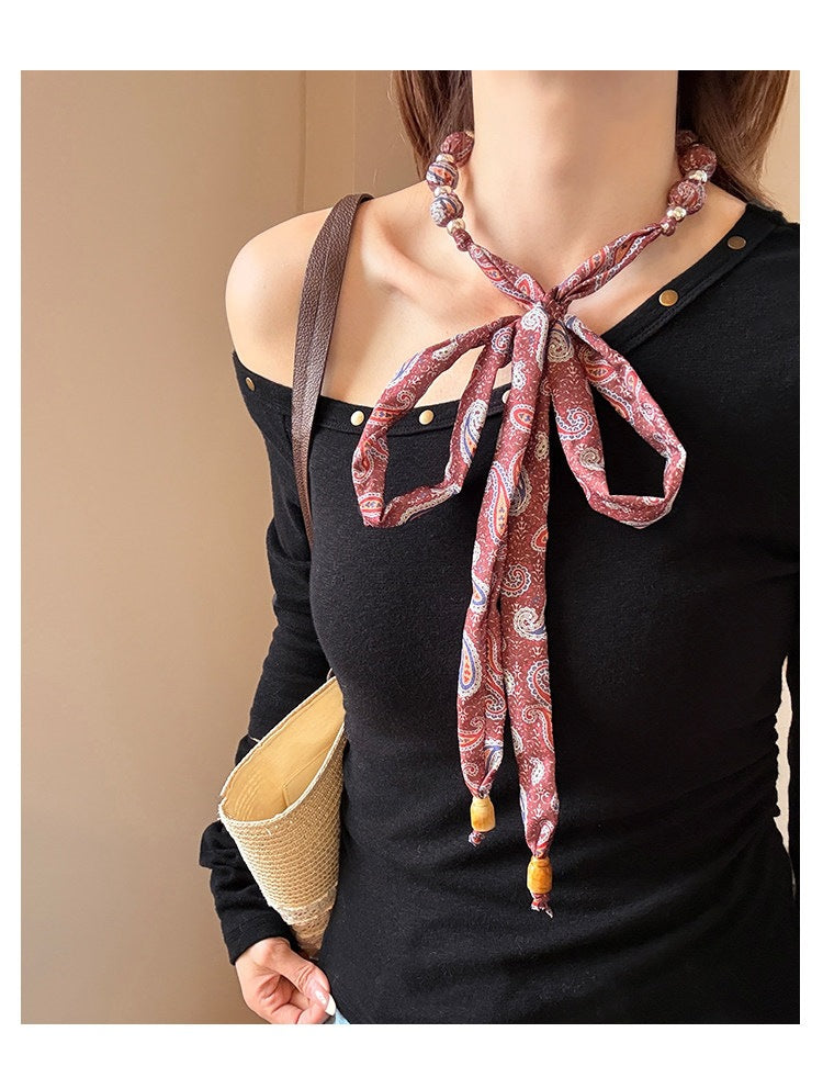 French Style Women’s Silk Scarf With Beading Featuring Cashew Nuts Pattern In Multicolor For Spring