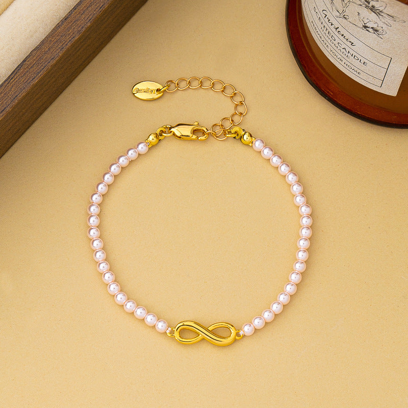 Elegant Infinity Beading Necklace For Women With Natural Pink Beads And Copper Pendant