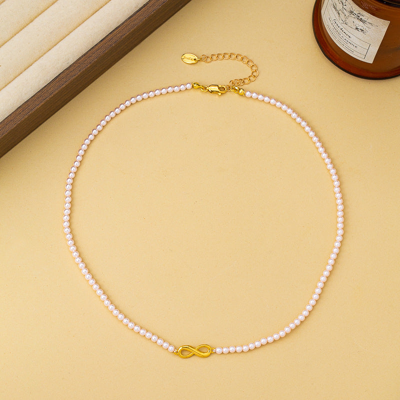 Elegant Infinity Beading Necklace For Women With Natural Pink Beads And Copper Pendant