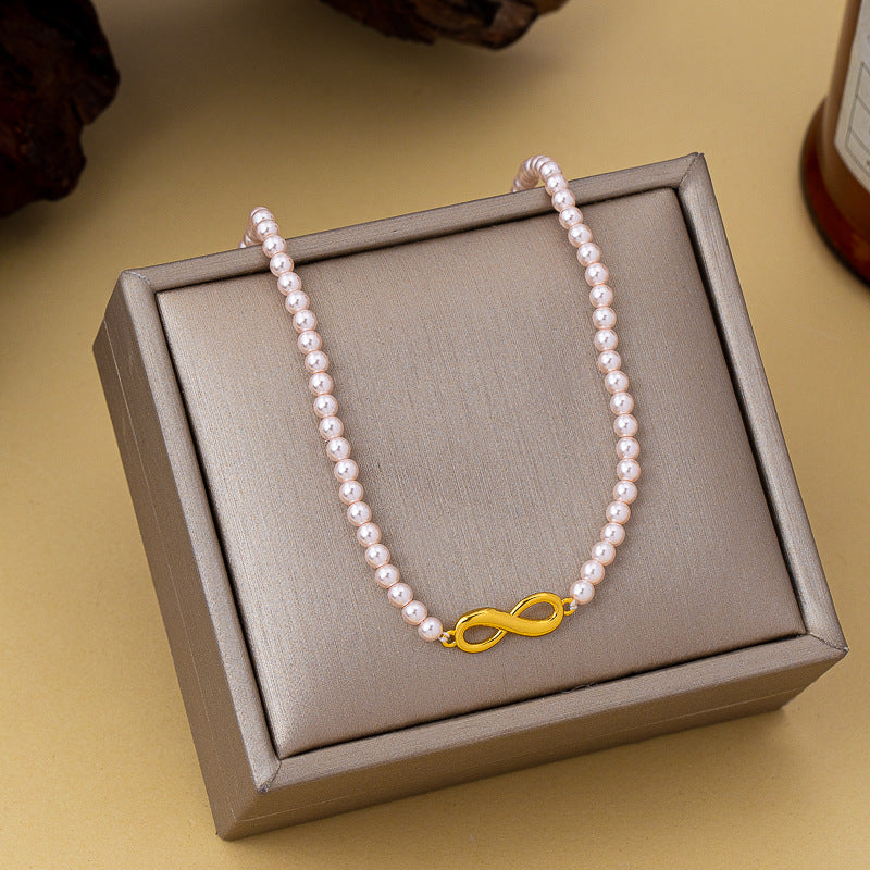 Elegant Infinity Beading Necklace For Women With Natural Pink Beads And Copper Pendant