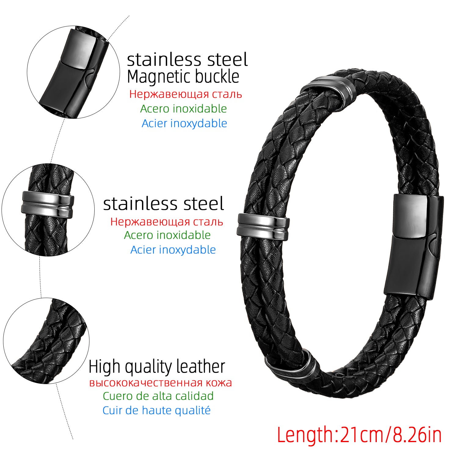 Geometric Braid Multicolor Wristband For Adults With 304 Stainless Steel And Leather Rope Chain In Simple Style