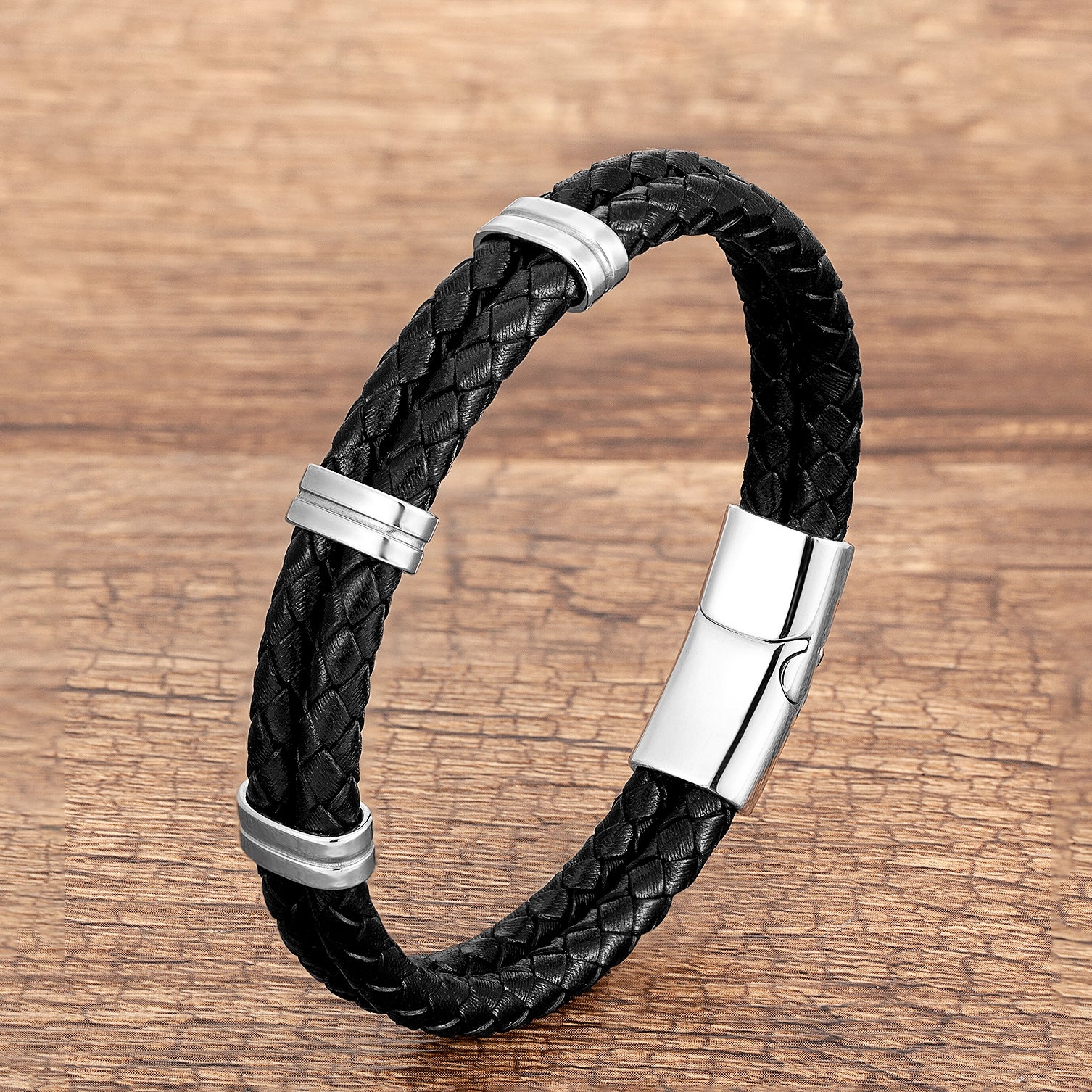 Geometric Braid Multicolor Wristband For Adults With 304 Stainless Steel And Leather Rope Chain In Simple Style