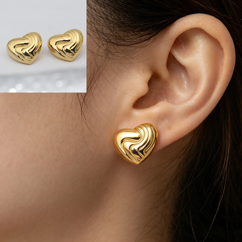 Heart Shape Stud Earrings With Folds In 304 Stainless Steel, Retro Style For Women