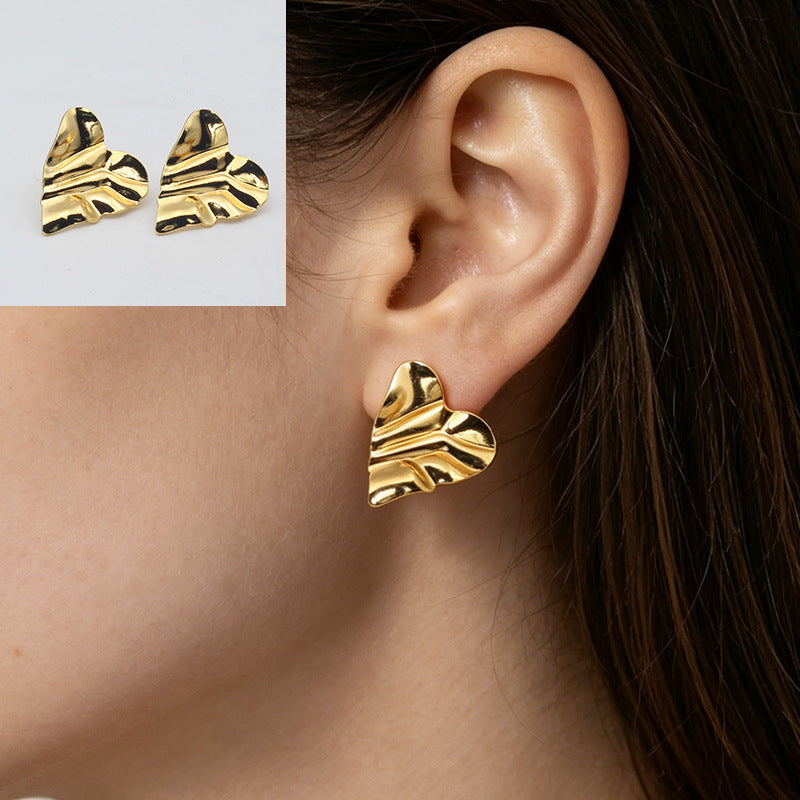 Heart Shape Stud Earrings With Folds In 304 Stainless Steel, Retro Style For Women