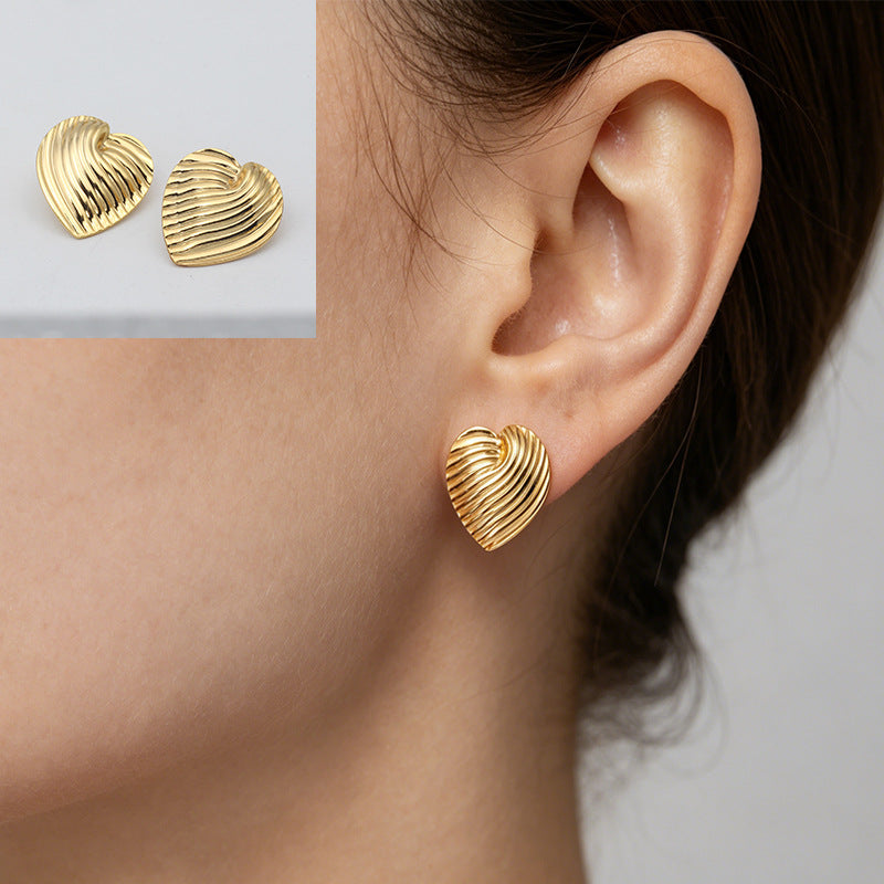 Heart Shape Stud Earrings With Folds In 304 Stainless Steel, Retro Style For Women
