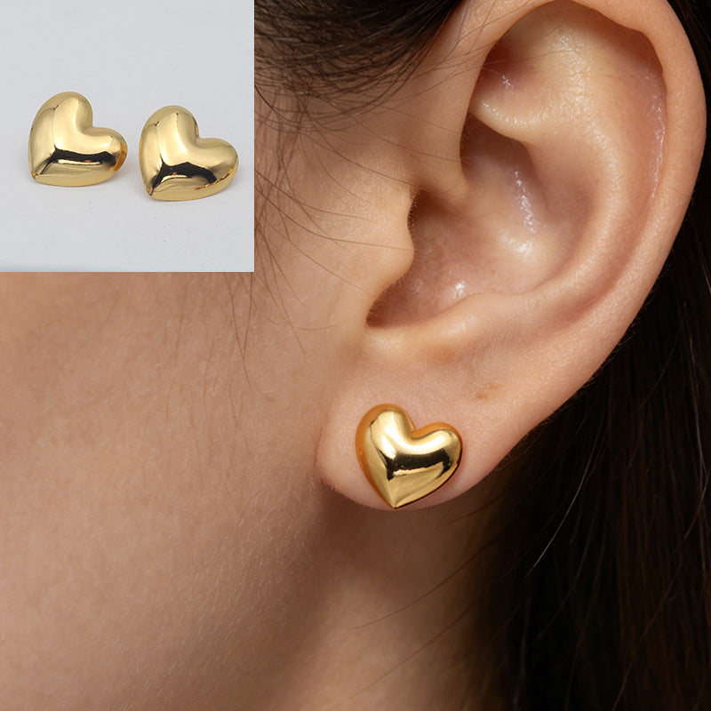 Heart Shape Stud Earrings With Folds In 304 Stainless Steel, Retro Style For Women