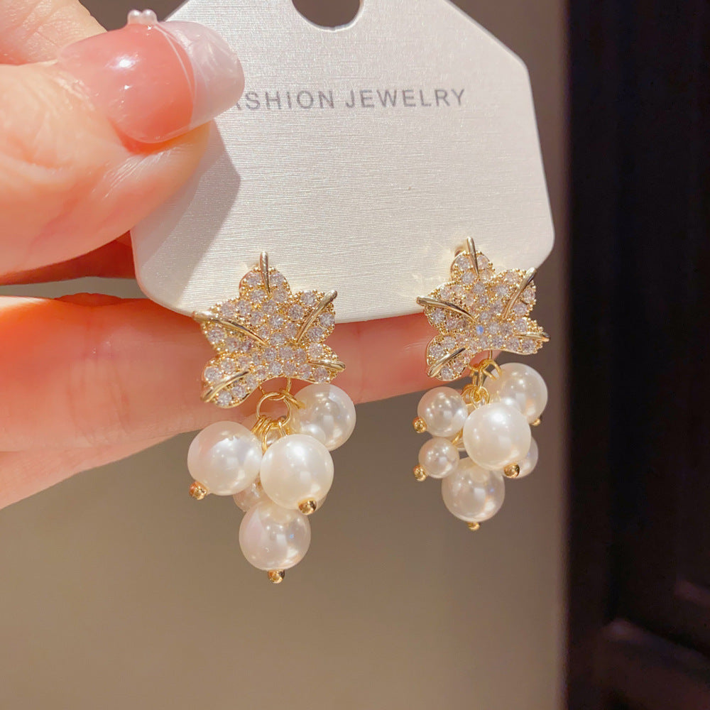 Elegant Leaves Drop Earrings For Women With Copper Ear Pins, Real Gold Plated And Zircon Inlay