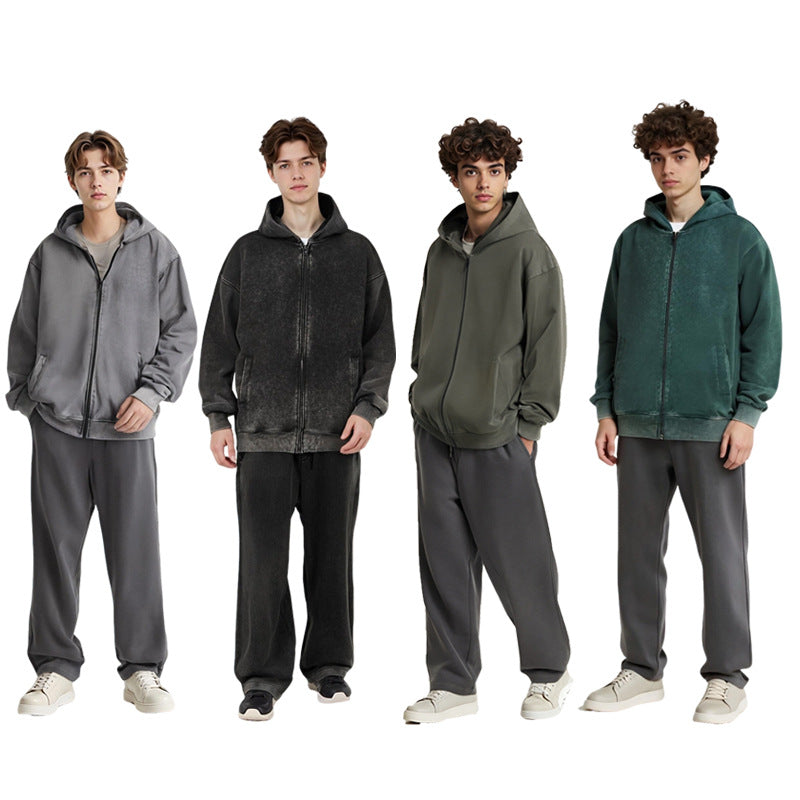 Men's Vintage Style Light Grey Long Sleeve Hoodie In Washed Cotton Fabric