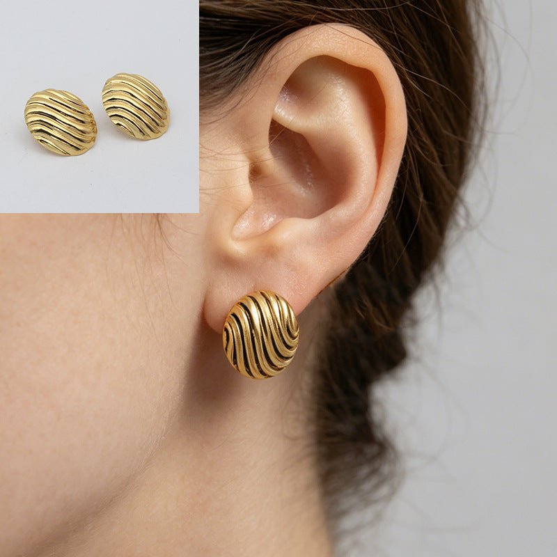 Heart Shape Stud Earrings With Folds In 304 Stainless Steel, Retro Style For Women