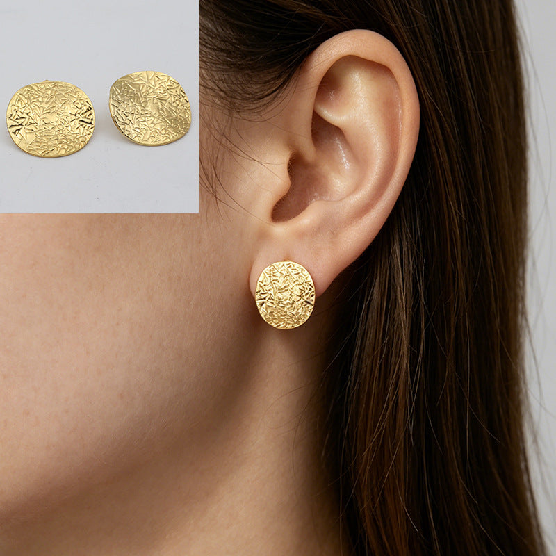 Heart Shape Stud Earrings With Folds In 304 Stainless Steel, Retro Style For Women
