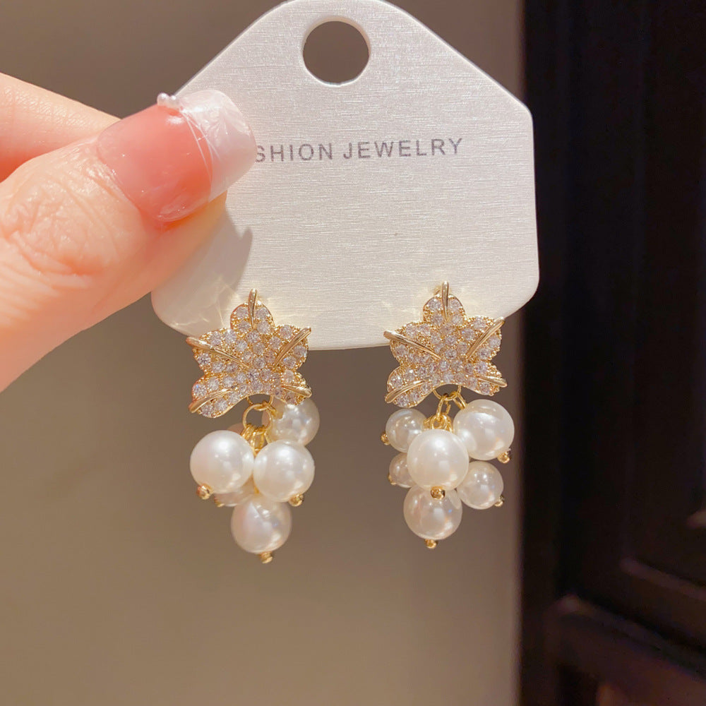 Elegant Leaves Drop Earrings For Women With Copper Ear Pins, Real Gold Plated And Zircon Inlay