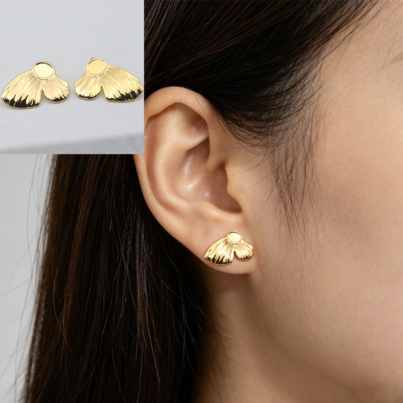 Heart Shape Stud Earrings With Folds In 304 Stainless Steel, Retro Style For Women