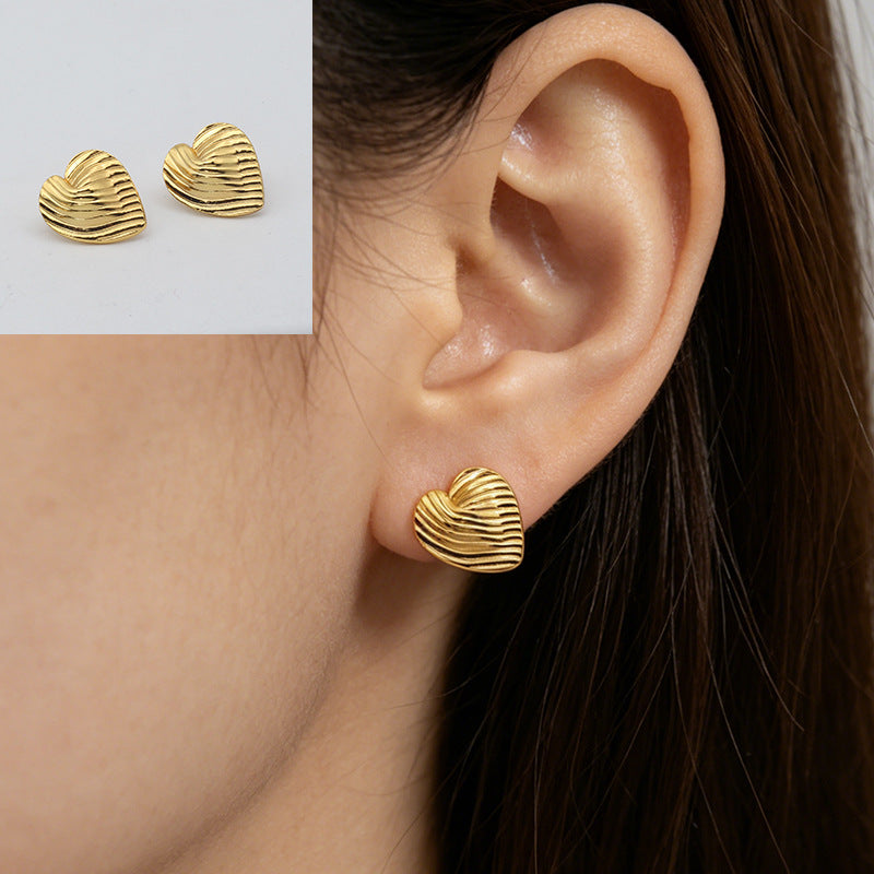 Heart Shape Stud Earrings With Folds In 304 Stainless Steel, Retro Style For Women
