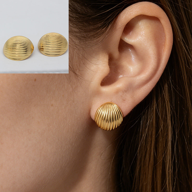 Heart Shape Stud Earrings With Folds In 304 Stainless Steel, Retro Style For Women