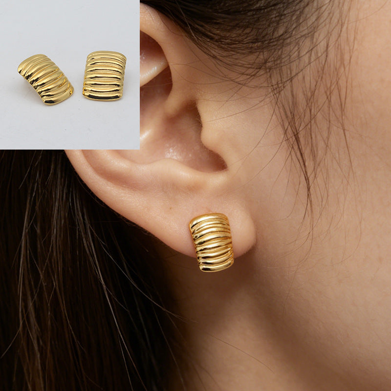 Heart Shape Stud Earrings With Folds In 304 Stainless Steel, Retro Style For Women