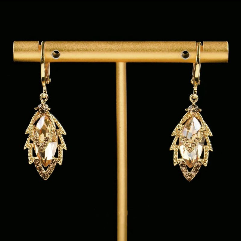 Leaf Drop Earrings For Women In Champagne With Copper Ear Pins And Zircon Inlay