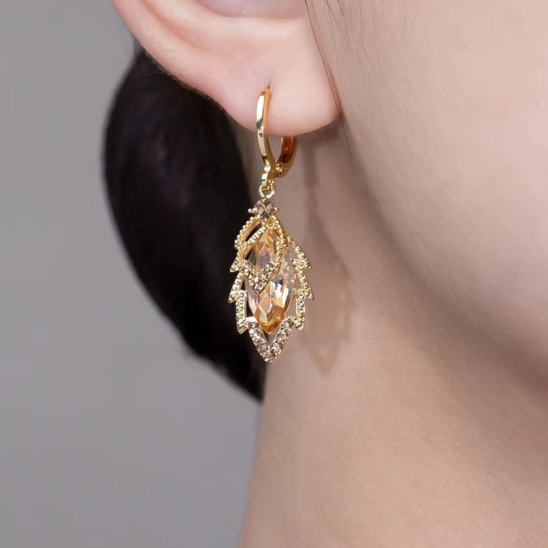 Leaf Drop Earrings For Women In Champagne With Copper Ear Pins And Zircon Inlay