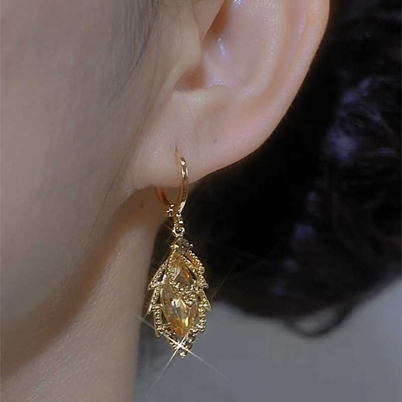 Leaf Drop Earrings For Women In Champagne With Copper Ear Pins And Zircon Inlay